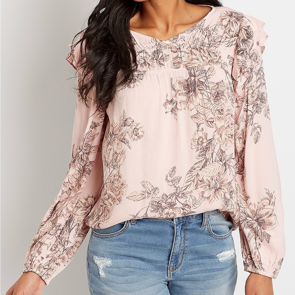 NWT Maurices Pink Floral Ruffle Long Sleeve Peasant Top Size M
